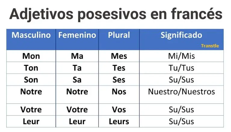 Adjetivos posesivos en francés, lista de Adjetivos posesivos en francés y español